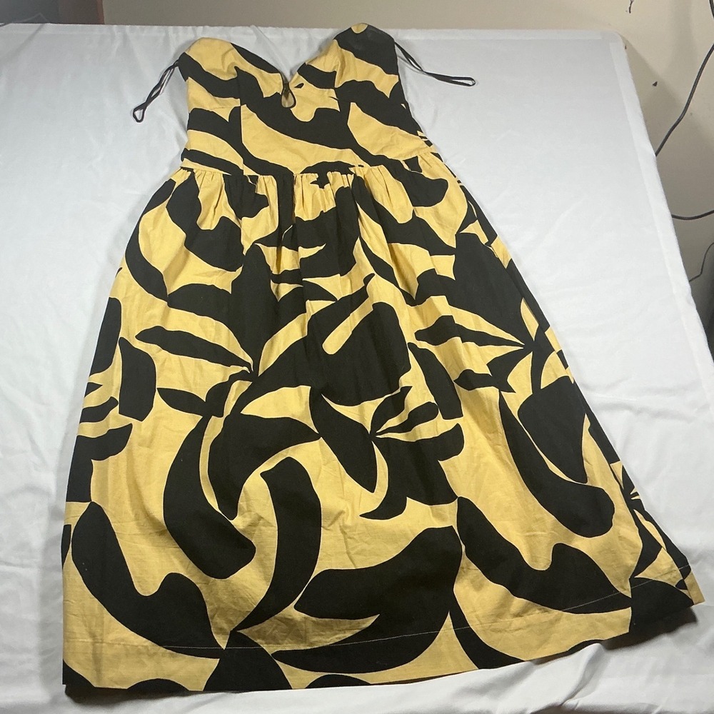 Mon Renn Yellow Black Abstract‎ Floral Cotton Midi Dress Sweetheart Neck Size M